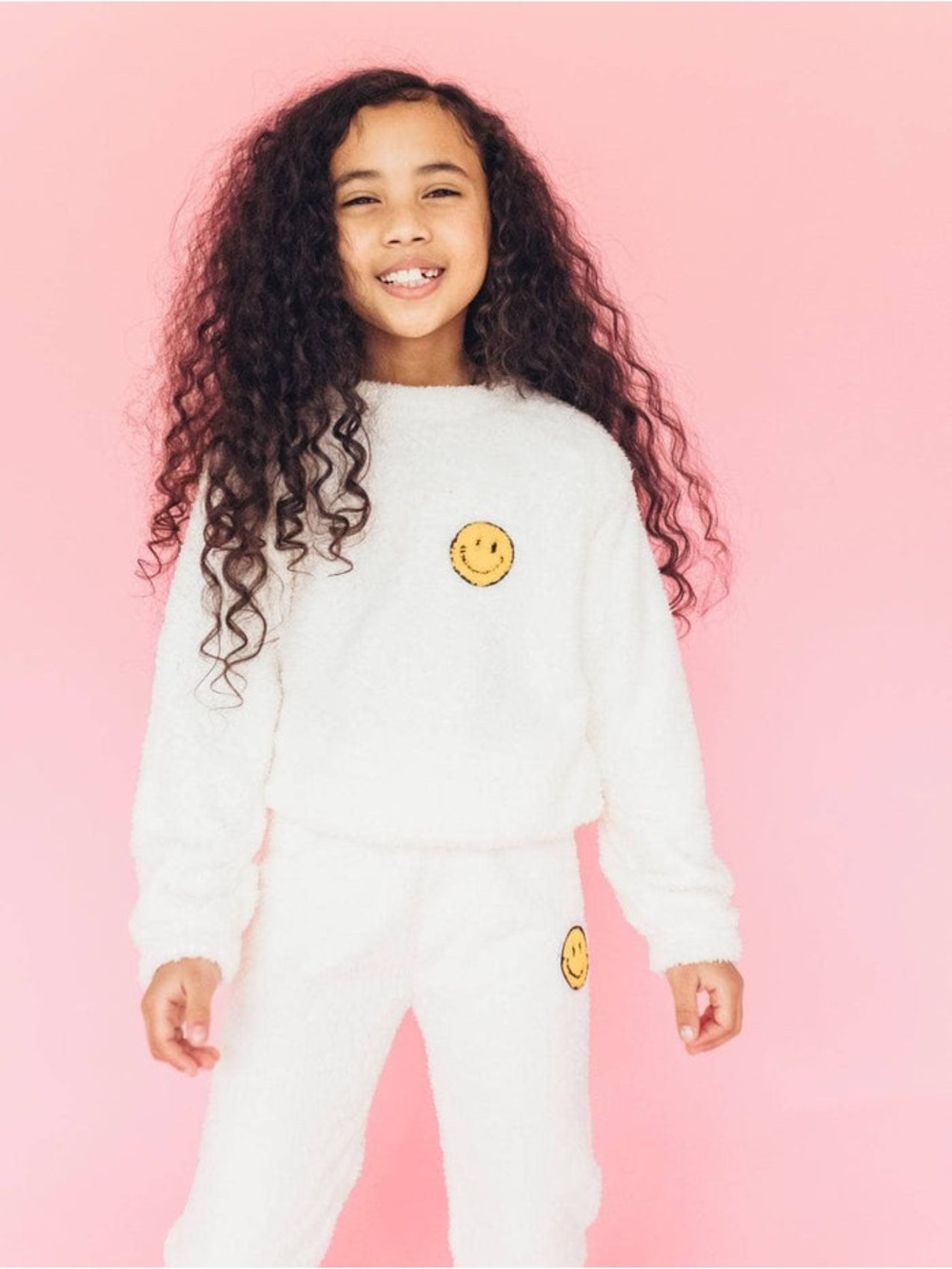 Lola + The Boys Cream Cozy Smiley Face Kids Matching Set